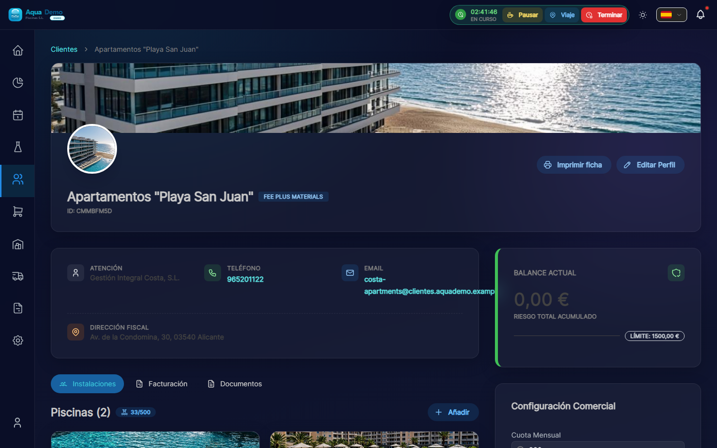 Ficha del cliente — pestaña Instalaciones (piscinas)