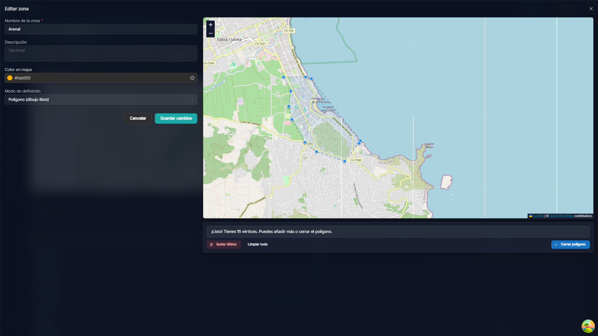 Pantalla de zonas geográficas en PoolControl Pro